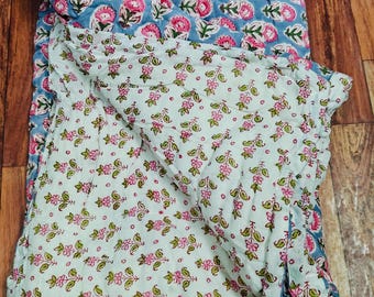 Hand Quilted Organic Cotton Baby Quilt: Floral Block Print Reversible Blanket