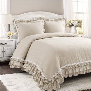 Modern Shabby Chic Ruffle & White Lace Trim Design 100%Cotton Made With Shams 3 Pcs Set Bedding Quilt Cover,Duvet Cover Size:Twin/Queen/King