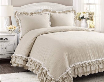 Modern Shabby Chic Ruffle & White Lace Trim Design 100%Cotton Made With Shams 3 Pcs Set Bedding Quilt Cover,Duvet Cover Size:Twin/Queen/King