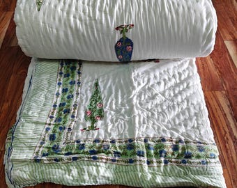 Hand Block Printed Cotton Quilt: Reversible Indian Leaf Design Bedding Comforter,Razai