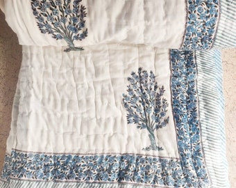 Hand Block Printed Cotton Quilt: Reversible Floral Razai Comforter,Ac Quilt,Dohar,Blanket