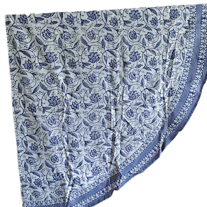 Block Printed Floral With Napkins Cotton Tablecloth : White on Blue Round & Rectangular Table Cover