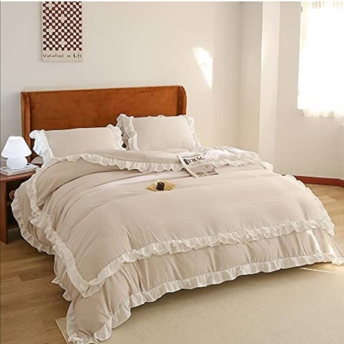 White Duvet Cover Queen Vintage Ruffle Bedding Set Soft Washed 100%Cotton Shabby Chic Bedding Boho Duvet Cover 3 Piece 1 Duvet Cover 2Pillow