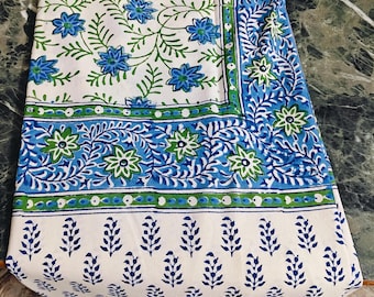 Hand Block Printed Cotton Round And Rectangular Tablecloth: Indigo Blue,Green Floral, Rajasthani Design Table Cover With Napkins