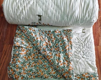 Handmade Jaipuri Cotton Quilt: Reversible Pomegranate Floral Blanket,Ac Dohar, Blanket,Coverlets