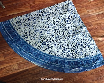 Hand Block Print Indigo Floral Round & Rectangular / Square Tablecloth with Napkin