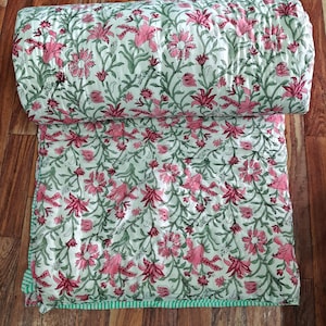 Floral Block Printed Kantha Quilt: Reversible Cotton Blanket (55X85 inches)