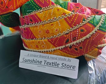 Handmade Rajasthani Multi -Color Printed Cotton Turban: Men's Wedding Saafa with Gotta Patti