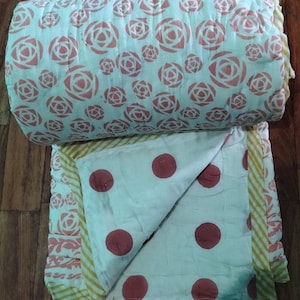 Hand Block Printed Cotton Quilt: Reversible Floral Polka Dot Razai