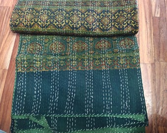 Hand Block Printed Floral Reversible Kantha Quilt: Ajaraq Floral Bedspread,BedCover,Throw,Coverlet