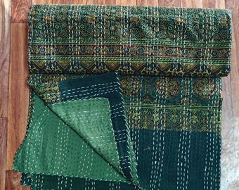 Hand Block Printed Floral Reversible Kantha Quilt: Ajaraq Floral Bedspread,BedCover,Throw,Coverlet