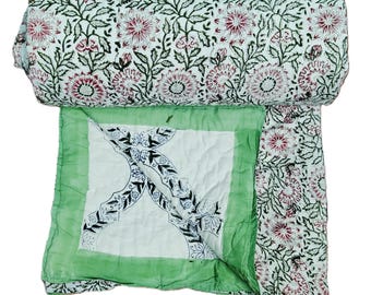 Reversible Floral Kantha Quilt: Hand-Stitched Cotton Bedding Comforter,Ac Dohar, Blanket