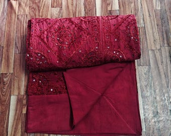 Handmade Dark Red Cotton Bedspread, Silk Embroidered Mirror Work Throw, Bedding Bedcover, Bedspread