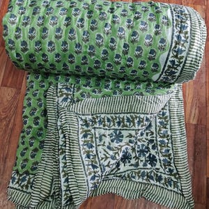 Hand Block Printed Cotton Quilt: Indian Floral Reversible Comforter