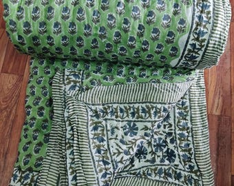 Hand Block Printed Cotton Quilt: Indian Floral Reversible Comforter, Ac Dohar, Blanket