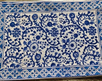 Hand Block Printed Floral Placemat & Napkin Set: White on Blue Cotton