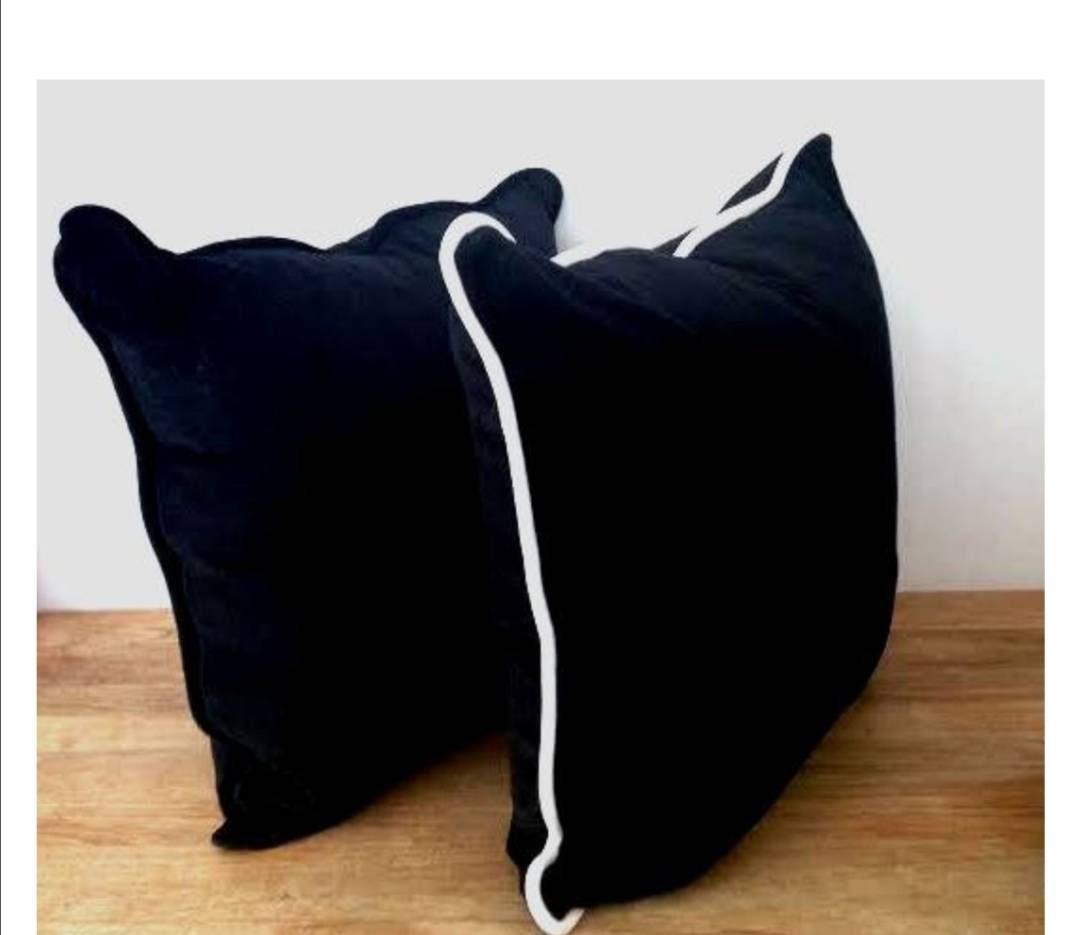 Crushed Velvet Pillow Cover: Black With White Piping, Tailor Made