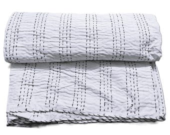 White On Black Hand Stitched Kantha Throw : Cotton Bedspread, Reversible Throw,Bedding, Bedcover