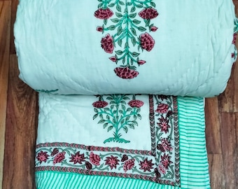 Hand Block Print Cotton Quilt: Floral Reversible Dohar,Razai,Blanket,Comforter