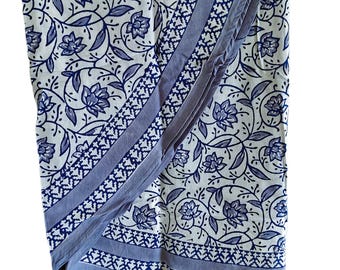Block Printed Floral With Napkins Cotton Tablecloth : White on Blue Round & Rectangular Table Cover