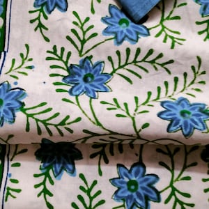 Puede incluir: Tela blanca con un patrón floral azul y verde. La tela presenta un diseño repetitivo de flores azules con hojas y tallos verdes.