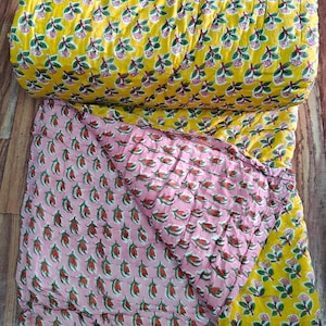 Hand Block Printed Cotton Quilt: Reversible Floral Comforter