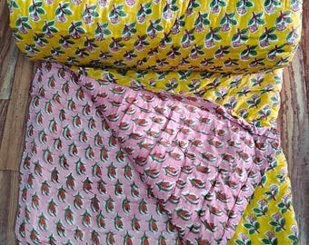 Hand Block Printed Cotton Quilt: Reversible Floral Comforter,Blanket,Ac Dohar, Razai