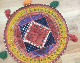 Bohemian Patchwork Pillow Cover: Indian Mirror Work Round Cushion Cover (2 Pcs)