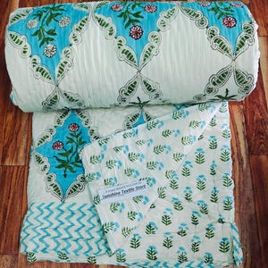 Exclusive Floral Block Printed Reversible Inserts Batting Cotton Filling With Hand Quilted Stitched Work Made Quilt,Dohar,Comforter,Blanket
