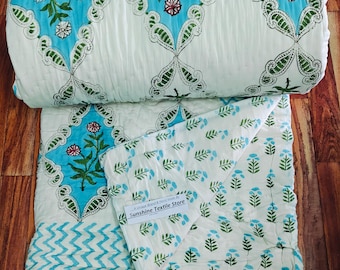 Floral Block Print Quilt: Reversible Cotton Comforter,Hand Quilted Ac Razai, Blanket
