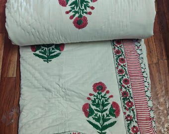 Hand Block Printed Floral Quilt: Reversible Cotton Bedding Ac Dohar,Blanket, Comforter