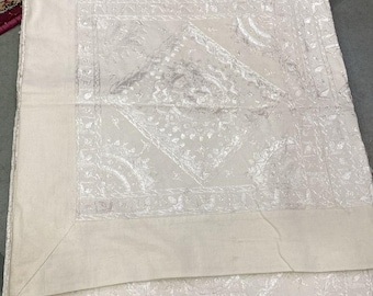 Floral Silk Embroidered Handmade Throw: White Cotton Bedspread, Bedcover