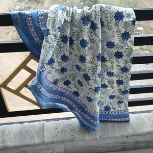 Hand Block Printed Floral Tablecloth: Natural Cotton Dining Round & Rectangular Table Cover With Napkins