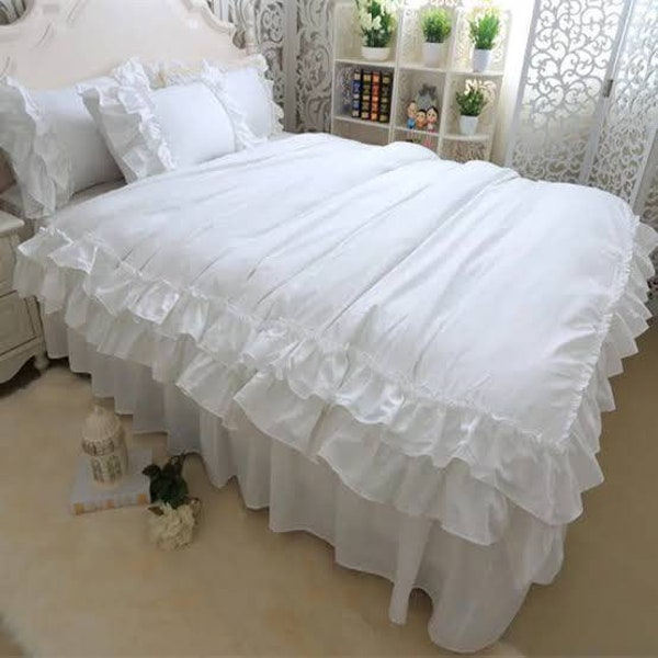 Indian Organic Cotton Made Home Decorative Shabby Ruffled White Colour Duvet Cover With Pillow Case Bedding 3Pcs Set Size :Twin,Queen,King