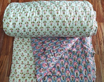 Hand Block Printed Floral Quilt: Reversible Cotton Blanket,Comforter,Ac Dohar