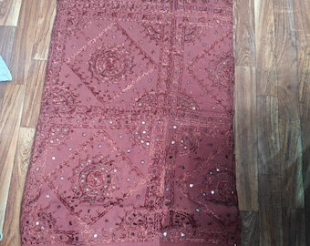 Handmade Silk Embroidered Cotton Bedspread: Indian Floral Mirror Work Bedding Bedcover,Throw