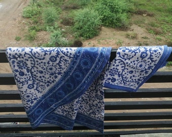 Indigo Blue Floral Table cloth :Hand Block Printed Cotton with Napkin Round & Rectangular ,Square