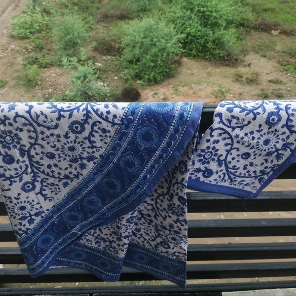 Indian Hand block Printed Floral Design Indigo Blue Colour Cotton Made With Napkins Round/Square/Rectangle Table Cloth,TableCover,TableThrow