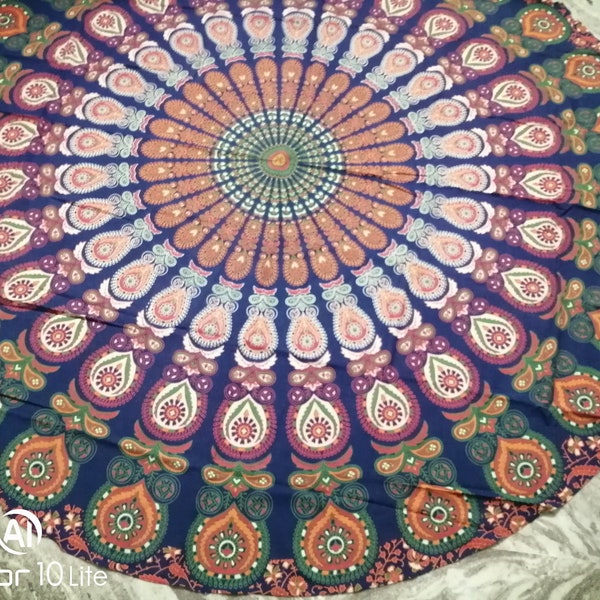 Tapisserie imprimée de conception de mandala de coton de hippie indien, nappe ronde, linge de table, décor de mur, couvre-lit de literie, jeté de table rond de décor à la maison