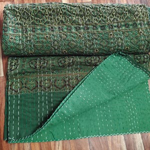 Green Floral Kantha Quilt: Hand Block Printed Reversible Cotton Bedspread