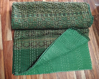 Green Floral Kantha Quilt: Hand Block Printed Reversible Cotton Bedspread, Bedding BedCover,Throw