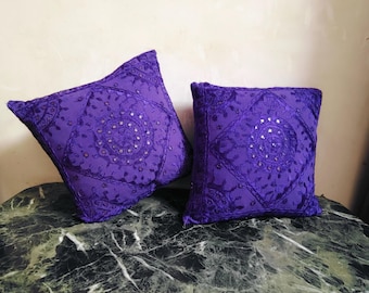Hand-Embroidered Silk Cushion Cover Set: Indian Mirror-work Pillows