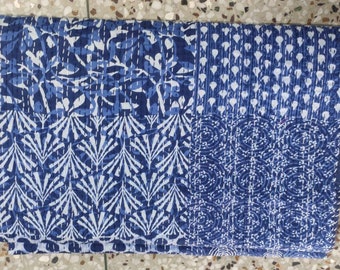 Indigo Blue Kantha Work : Block Printed Cotton Bedding Blanket,Bedcover, Bedspread,Throw