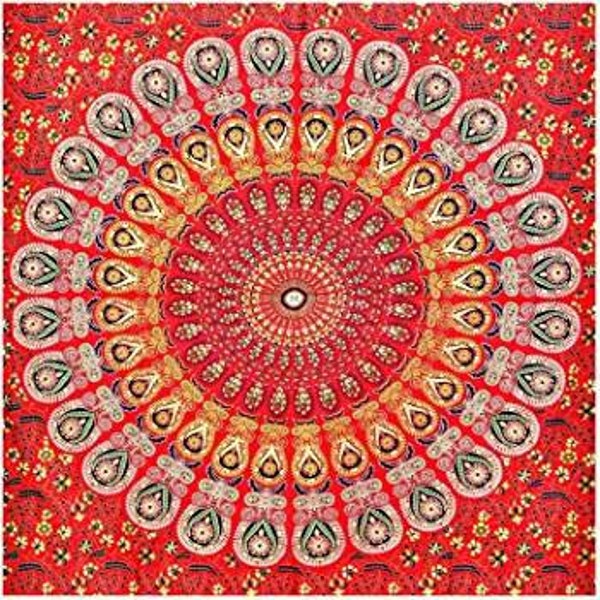 Indian Red Colour Mandala Design Wall Hanging,Bedsheet 100% Cotton Made Tapestry,Round Table Cloth,Table Linen,Table Throw Size: @ Available