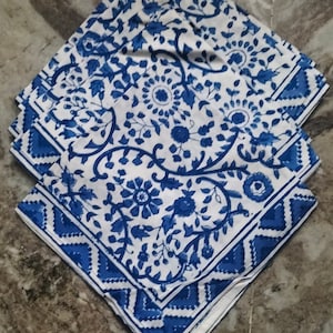 Tovaglioli di cotone stampati a mano con motivo floreale indaco, 6 pezzi, per regalo, festa, anniversario, occasione, sala da pranzo, decorazione da cucina. Dimensioni: 16 x 16 pollici.