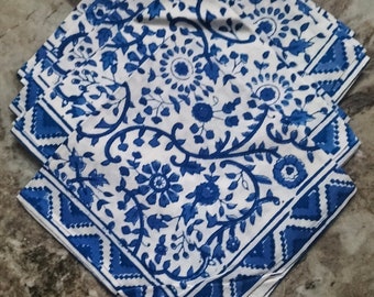 Indigo Blue Floral Cotton Napkins (Set of 6): Hand Block Printed, 16x16 Inch
