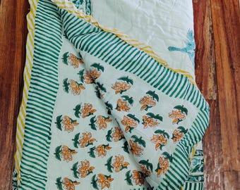Hand Stitched Baby Quilt: Mariya Golden Floral Cotton Reversible Blanket (40"x40"Inches)