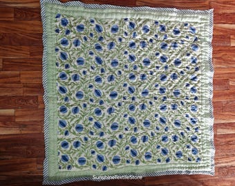 Hand Block Printed Baby Quilt: Floral Cotton, Reversible (40"x40"Inches)