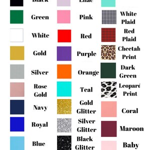Puede incluir: Una tabla que muestra una variedad de colores de vinilo, incluyendo colores s&oacute;lidos, colores de purpurina y patrones como cuadros y estampado de leopardo.