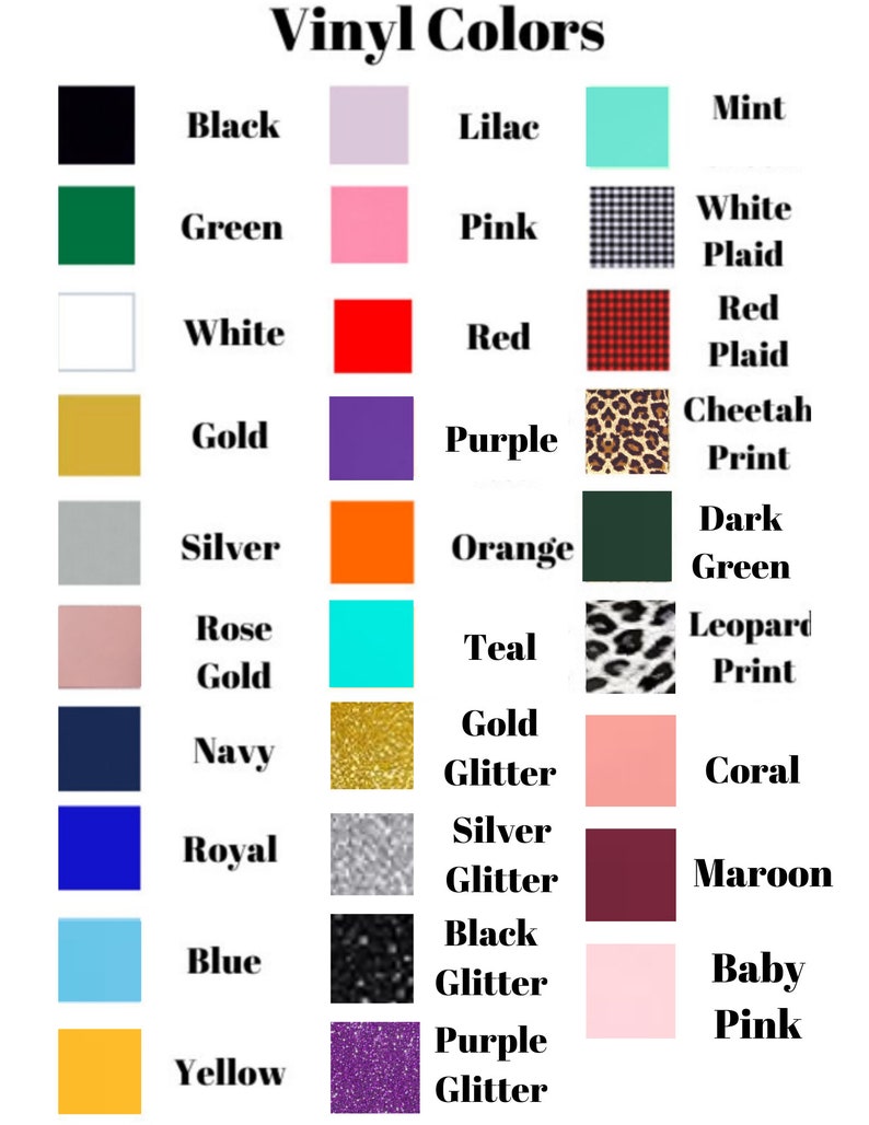 Puede incluir: Una tabla que muestra una variedad de colores de vinilo, incluyendo colores s&oacute;lidos, colores de purpurina y patrones como cuadros y estampado de leopardo.
